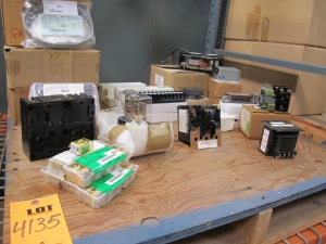 LOT TO INCLUDE BUT NOT LIMITED TO: (20) RELAYS, 120VAC COIL VOLTAGE, 10A CONTACT RATING, BLADE TERMINALS, DPDT CONTACT ARRNGMT, (2) SWITCHES, DISCONNECT TYPE, 600 AC, 250 DC VOLTAGE, 60A, 3 PHASE COMMENTS, (15) CLAMPS, GROUNDING TYPE, 1.10"-2.25"DIAM,60"BRAID SIZE, SOLDERLESS STYLE, COPPER MATERIAL, (24) CLAMPS, GROUNDING TYPE, 1.65"-3.50" DIAM, 60" BRAID SIZE, SOLDERLESS STYLE, COPPER MATERIAL, (12) BLOCKS, TERMINAL TYPE, #8 AND SMALLER AWG WIRE SIZE, 600V, 50A ELEC RATING, 12 CIRCUIT, ONE PIECE KIND, STRAP SCREW TERMINALS, 0.63 CENTER TO CENTER SIZE. LOADING & HANDLING FEE $15-4135